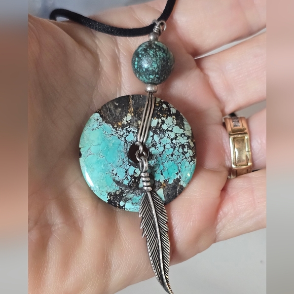 Turquoise And Silver Southwest Feather Pendant Necklace - Picture 3 of 4